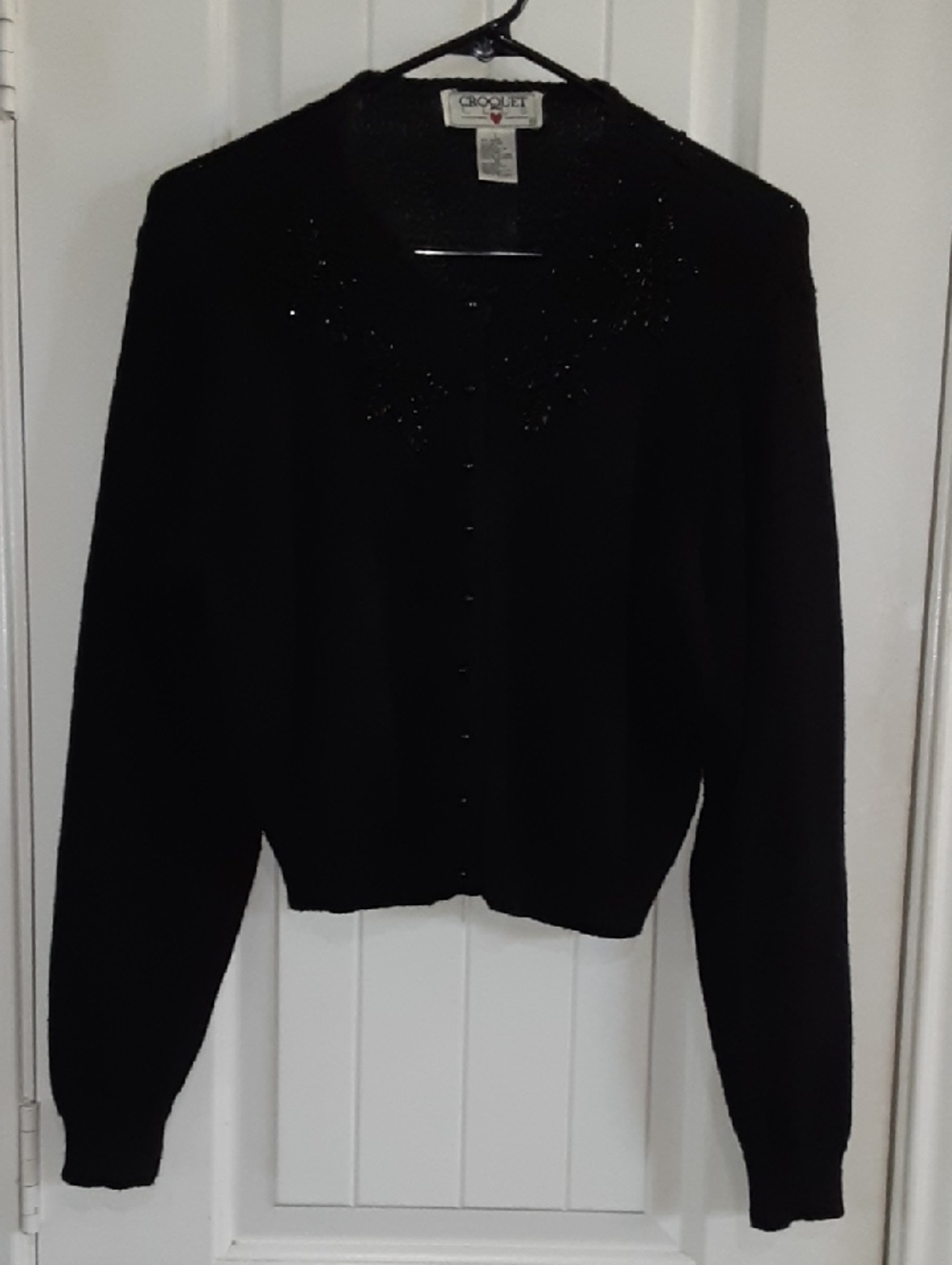 Vintage 90s Croquet Club Black Beaded Cropped Cardigan Sweater Large Whimsigoth